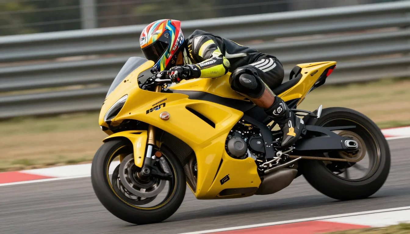 Alisha in yellow racing suit with yellow superbike